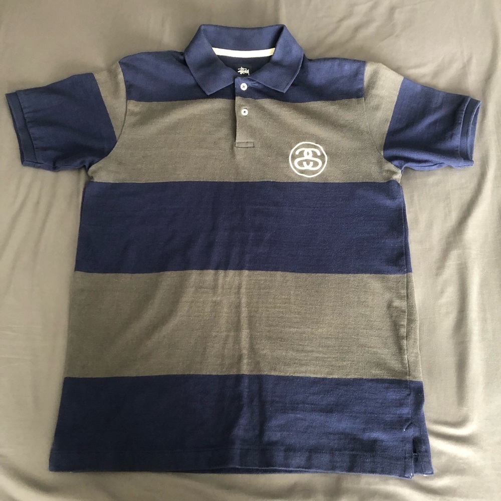 Stussy blue and grey striped polo shirt
